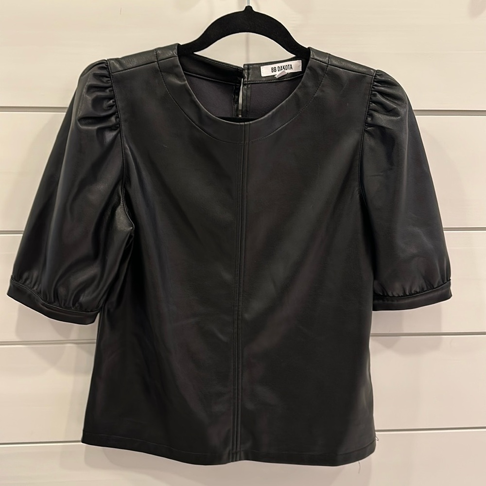 Vegan leather short sleeve black shirt